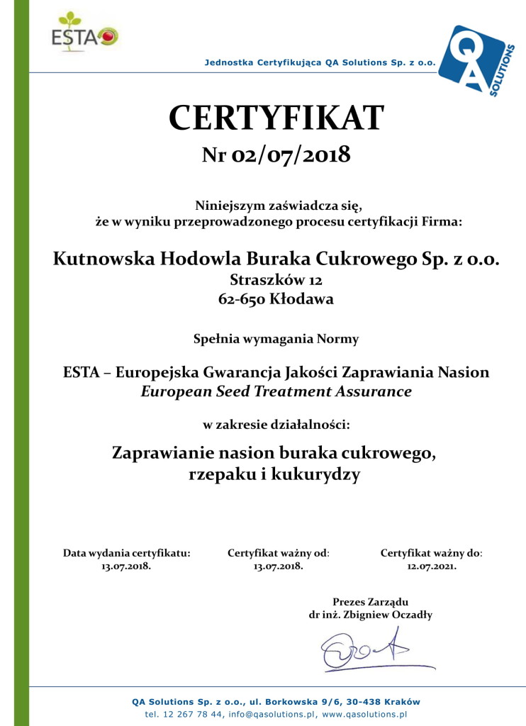 Certyfikat ESTA KHBC 2018-1